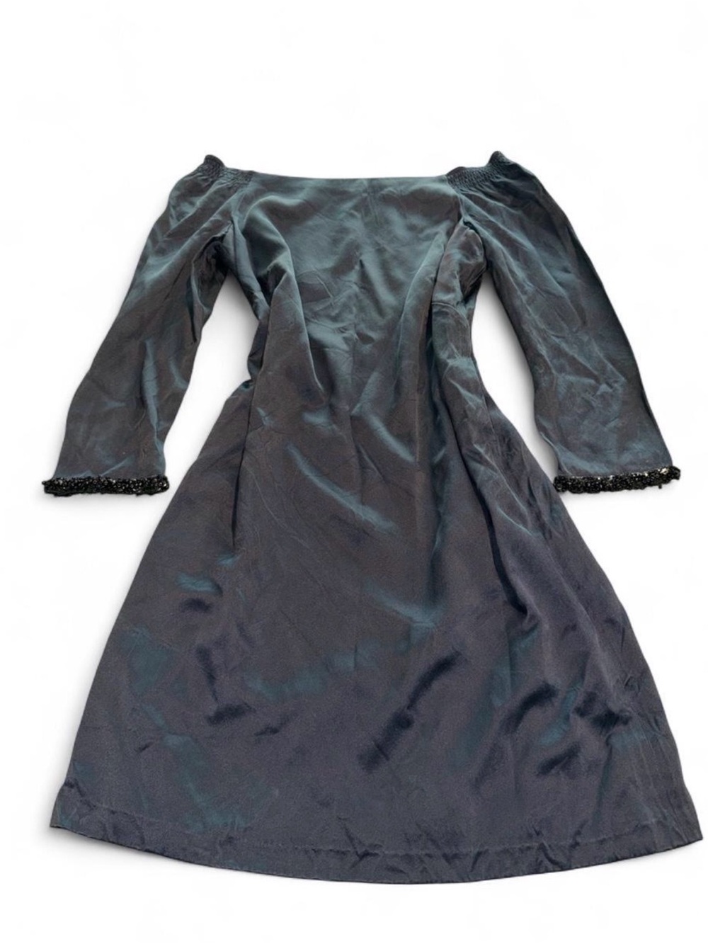 100% silk Off-Shoulder Long Sleeve navy Dress with Beaded Cuff